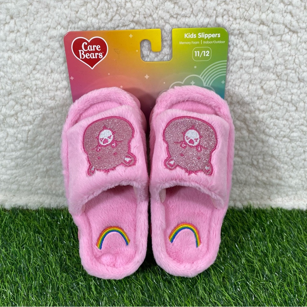 Care Bears Girls Size 11/12 Pink Fuzzy Slippers Foam Heel with Rainbow Lining